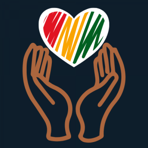 Black background with brown hands holding a red, yellow, and green heart